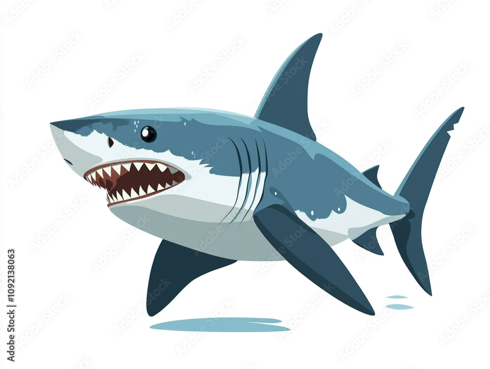 Fototapeta premium Illustration of a large blue and white shark is swimming in the ocean. Isolated on white background. 