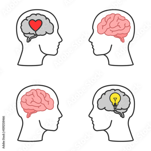 Human brain icon set. Brain health, neurology, physiology vector illustration of a head.