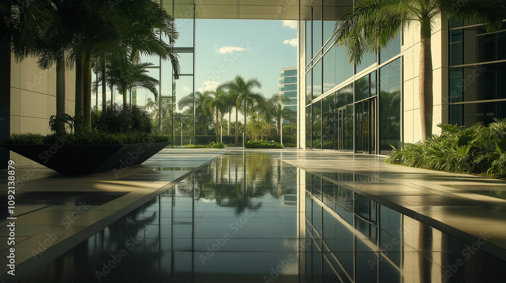 Fototapeta premium Corporate headquarters with expansive glass facade and reflecting pool - Sunny, open plaza, minimalist landscaping