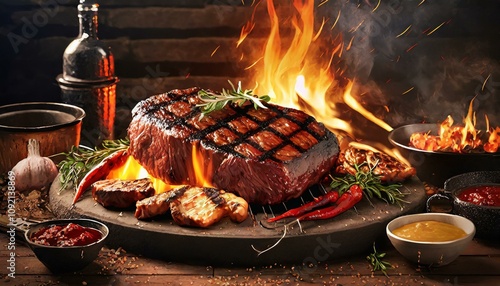 Grill steaks on a grill with flames On a table in a classic restaurant