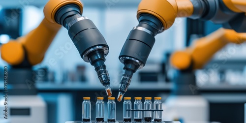 modern laboratory setting close -up concept. Robotic arms handling laboratory vials and samples. photo