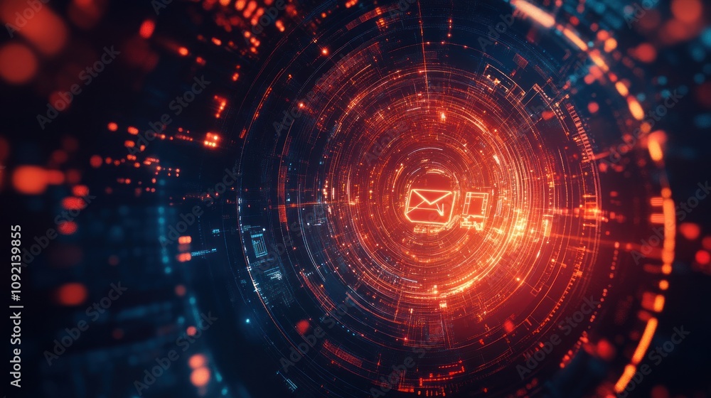 Obraz premium An abstract digital tunnel with a glowing email icon.