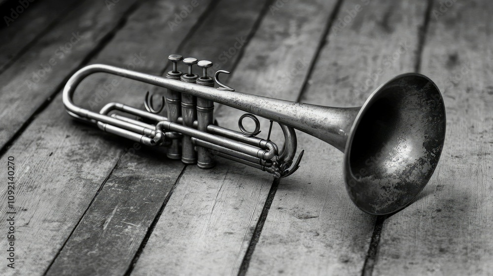 Obraz premium Vintage Trumpet on Wooden Floor - Black and White Photography