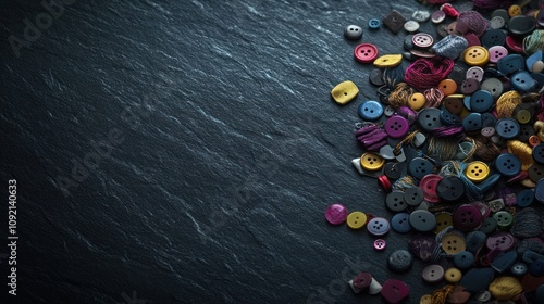 A colorful assortment of buttons scattered on a textured surface. photo