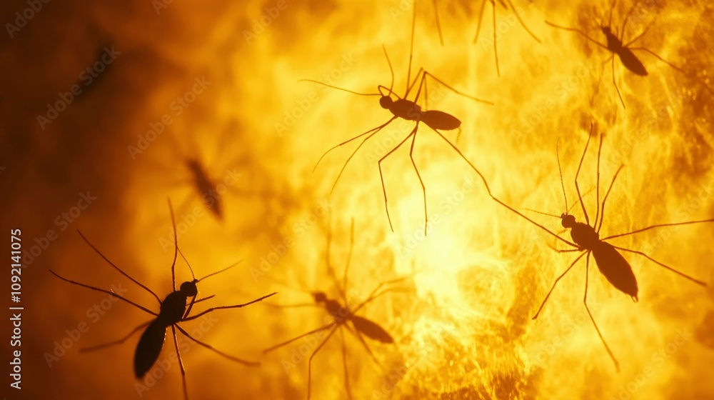 Εκτύπωση καμβά Swarm of Insects Silhouetted Against a Fiery Orange Background