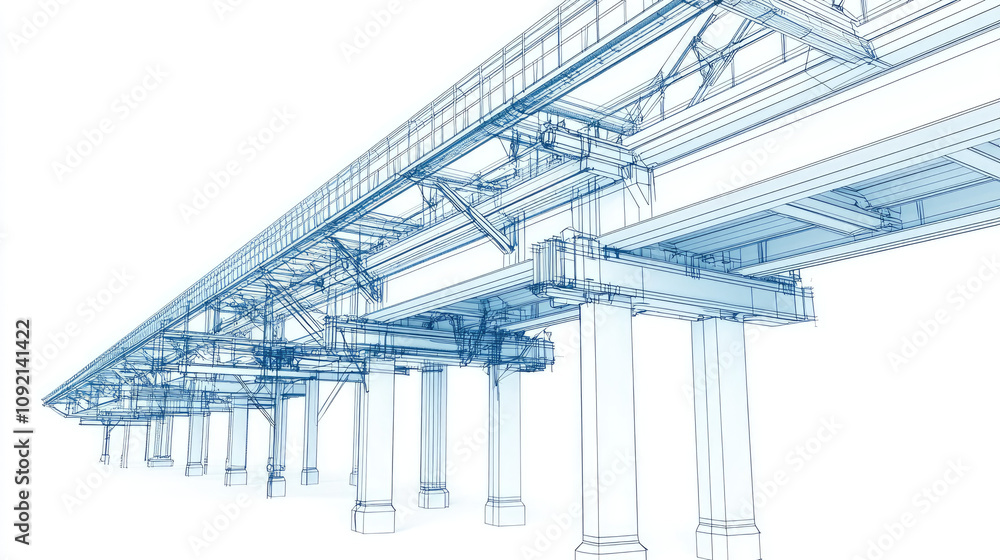 Fototapeta premium Blueprint of modern bridge structure with detailed lines and supports