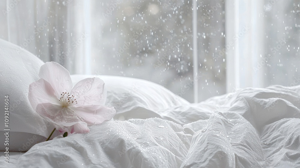 A serene bedroom scene featuring a white bed adorned with a delicate pink flower, complemented by soft rain falling outside the window. A serene bedroom scene featuring a white bed adorned with a delicate pink flower, complemented by soft rain falling outside the window.