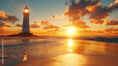 A lone lighthouse stands tall on a rocky shore, illuminated by the golden glow of a stunning sunset. The sky is ablaze with vibrant colors, casting long reflections on the calm waters below.