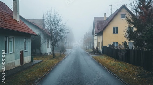 A deserted street in a small town, shrouded in fog, with houses on either side.