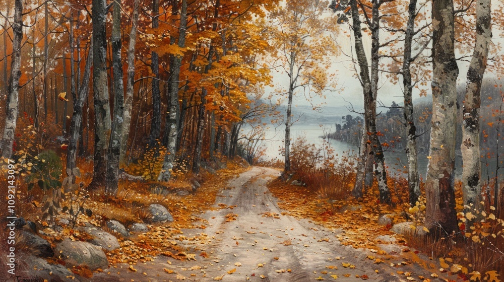Fototapeta premium Autumnal lakeside path with colorful foliage.
