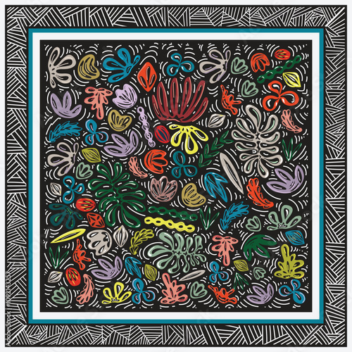 abstract flower scarf print pattern, a beautifully patterned square featuring an enchanting display of flowers and leaves in a spectrum of vivid hues.