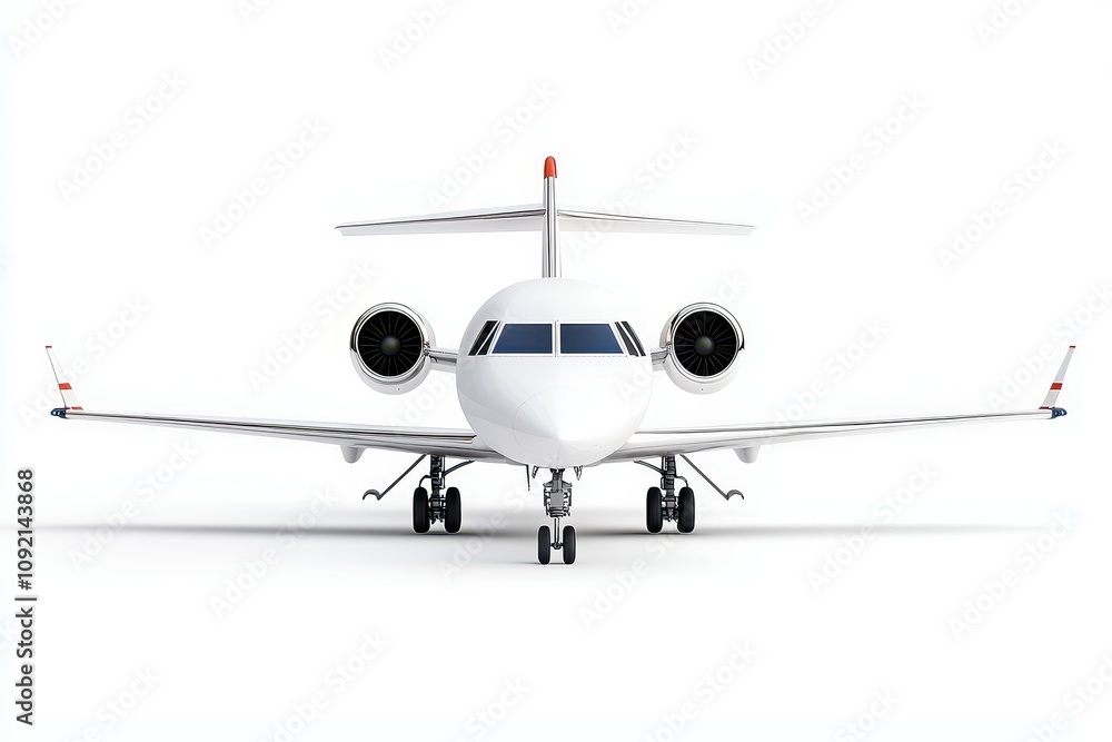 Fototapeta premium Sleek Small Private Jet Airplane Front View with Modern Design, Showcasing Aerodynamic Features and Elegant Aesthetic for Luxurious Travel Experience