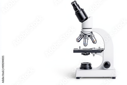 High-Definition Close-up of a Modern White Laboratory Microscope on a Clean Background, Ideal for Scientific Research and Education Purposes