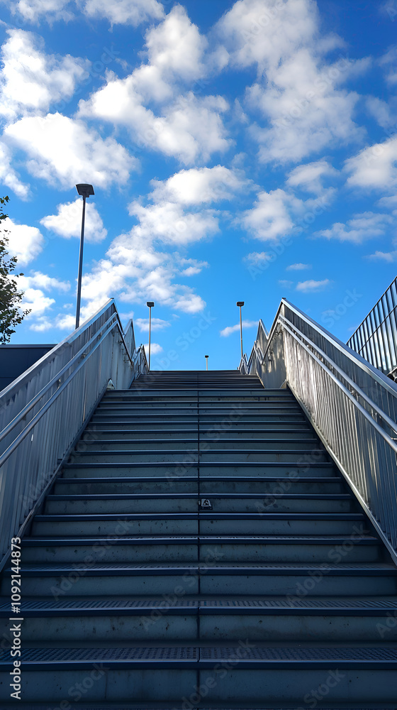 Fototapeta premium Elevated Outdoor Metal Stairs Leading to the Sky Under Bright Blue Clouds