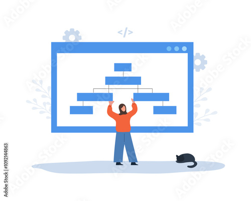 Sitemap creation. Website optimization. Web development and web page structure. Build XML map with lists the URLs. UX designer workflow. Arab female developer. Vector illustration in cartoon style.