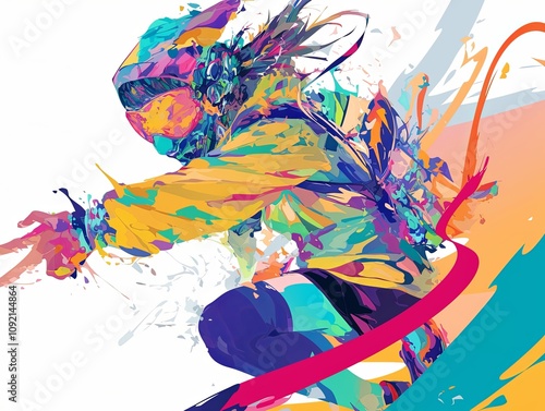 Colorful abstract illustration of a dynamic female figure in motion, splashes of paint, vibrant hues, dynamic pose. photo