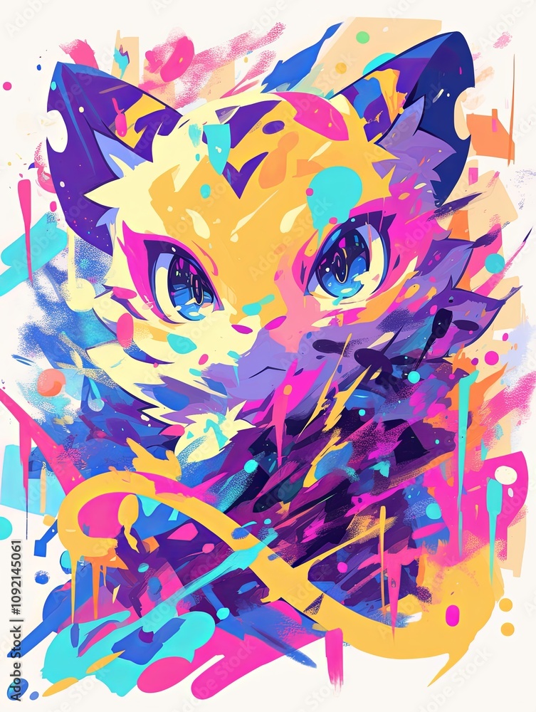 Fototapeta premium Colorful abstract portrait of a stylized cat, vibrant hues and paint splatters.