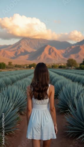 Young Mexican Woman in blue agave sowing vertical composition Mexican tequila plant beautiful sunset, girl dressed in white