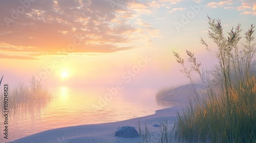A serene sunrise over a tranquil lake, with a soft mist hanging over the water and tall grasses in the foreground.