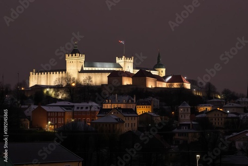 _ - . A city with a castle, snow highlighting its ancient archit photo