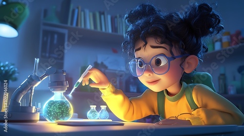A Young Girl in a Yellow Sweater Conducts a Scientific Experiment in a Lab