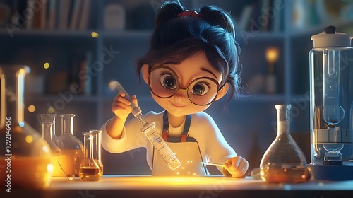 Cartoon Girl Scientist Performing an Experiment in a Laboratory photo