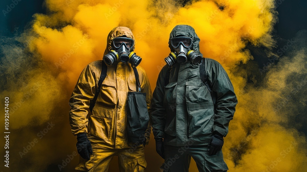 Fototapeta premium Two Figures in Hazmat Suits and Gas Masks Amidst Yellow Smoke