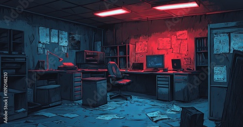 Dark, cluttered office at night, illuminated by red lights. Papers, desk, computer, shelves, and filing cabinets are visible.