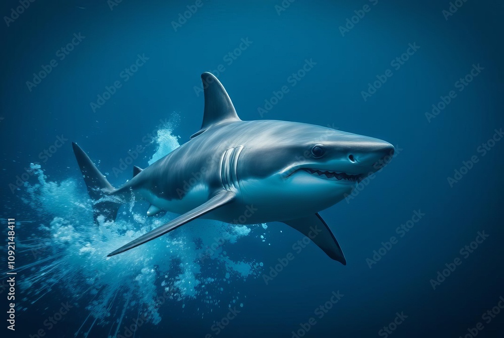 Fototapeta premium _. A powerful shark swimming in the deep ocean, its fins cutting