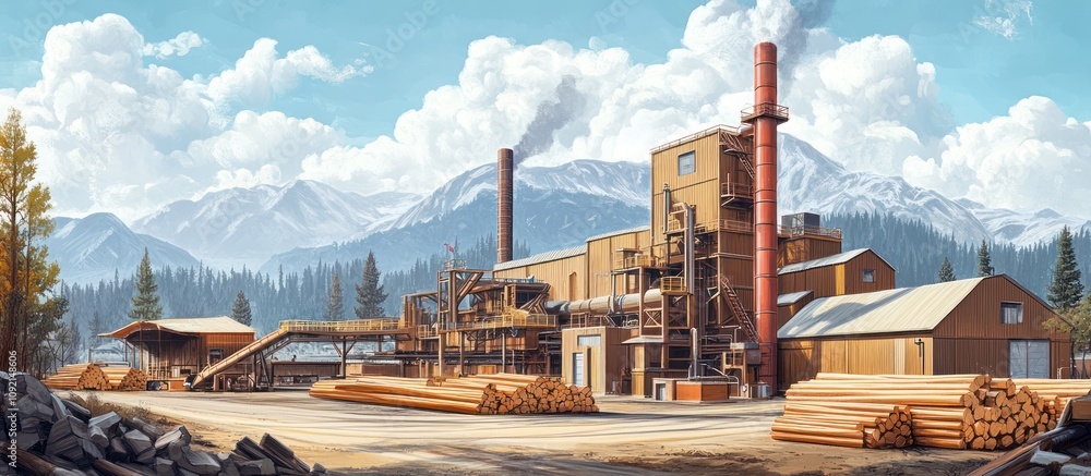 Fototapeta premium A lumber mill with a red chimney in a mountainous valley with stacks of wood planks, a blue sky with puffy clouds, and a forest in the background.