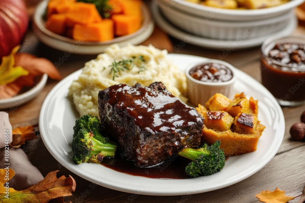 A delicious plate featuring meatloaf, mashed potatoes, broccoli, and cornbread. A delicious plate featuring meatloaf, mashed potatoes, broccoli, and cornbread.