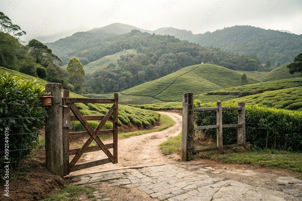 Fototapeta premium A rustic wooden gate leading to a secluded tea plantation surrounded by green hills, rustic gate, green hills