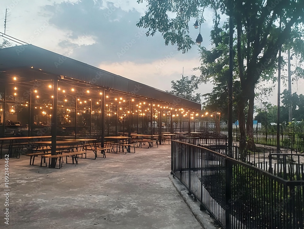 Obraz premium Outdoor dining area with string lights and picnic-style seating.
