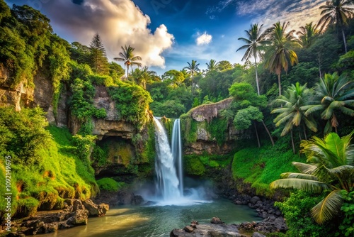 Captivating View of Tegenungan Waterfall in Bali, Surrounded by Lush Greenery and Vibrant Tropical Flora, Perfect for Travel Enthusiasts and Nature Lovers photo