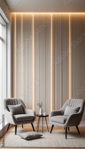 a modern interior design, highlighting a wall mockup with vertical linear lights..