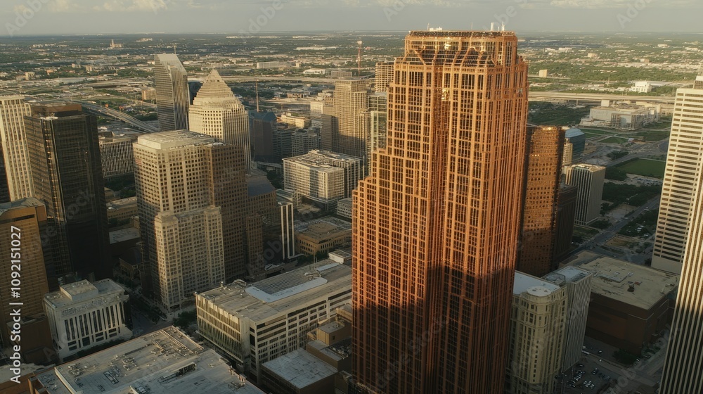 Obraz premium Aerial View of Downtown Dallas Skyline at Sunset