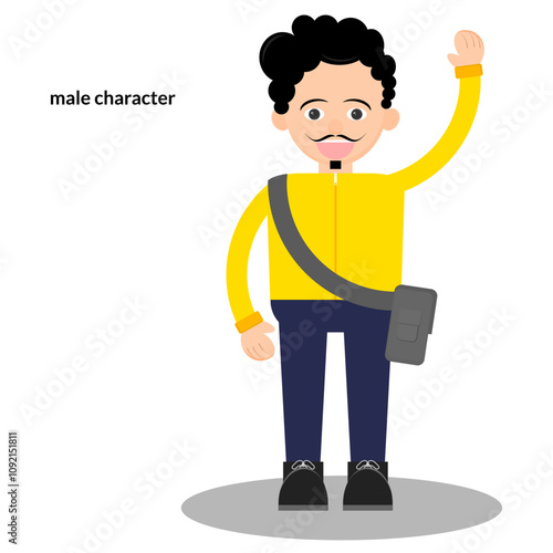 man. adult male character wearing yellow jacket while carrying sling bag. character waving hand. father coming home from work. vector illustration. happy face. man with mustache and beard