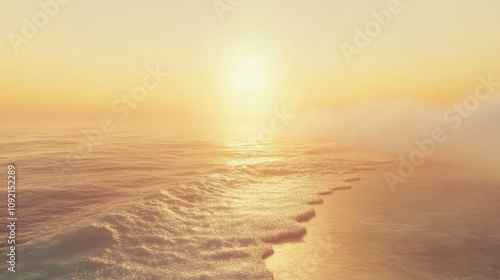 A panoramic aerial view of the ocean at sunset with clouds and waves, showing a golden, peaceful horizon.