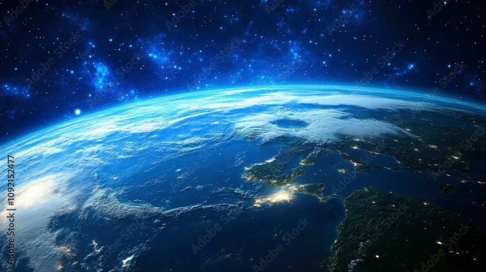 Obraz premium Breathtaking View of Earth from Space, Showing Europe and the Mediterranean Sea at Night