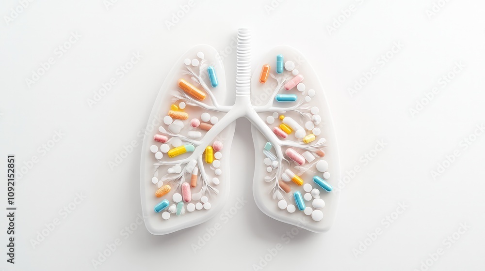 Human lung shape formed with pills, symbolizing medical care, protection, prevention, and treatment for respiratory health, with a clean minimalistic design. Human lung shape formed with pills, symbolizing medical care, protection, prevention, and treatment for respiratory health, with a clean minimalistic design.
