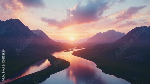 A scenic sunset over a meandering river in a valley surrounded by mountains.