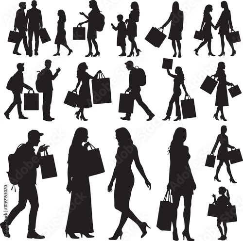 Group of fashionable silhouette girls vector with a bag