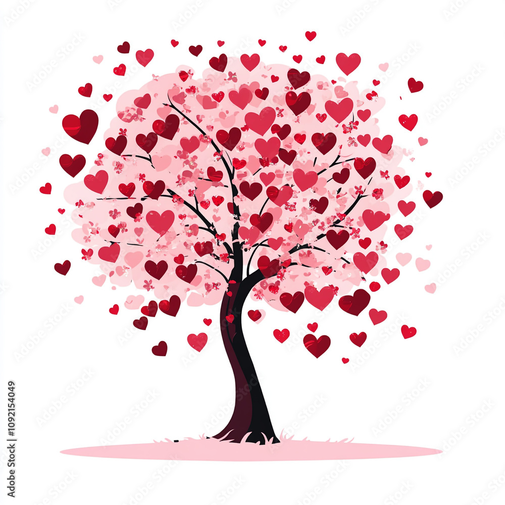 Fototapeta premium A tree with heart-shaped leaves on a white background with a pink and red color palette. 