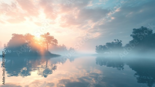 A serene landscape with a misty lake reflecting the golden hues of a sunrise.