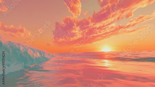 A beautiful sunset over the ocean with a wave crashing in the foreground.