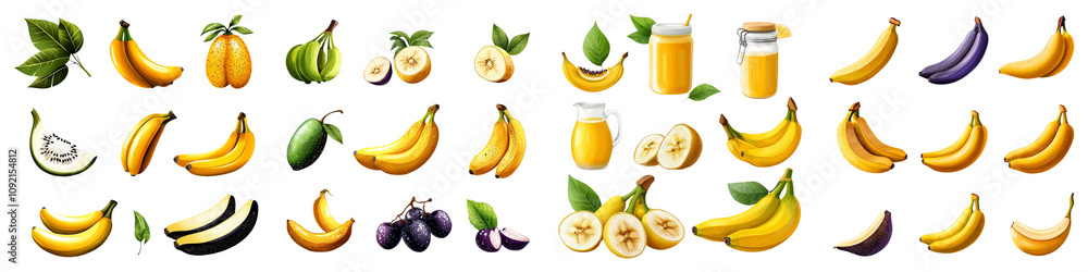 Obraz premium banana clipart concept. A vibrant collection of bananas in various forms, including fresh, sliced, and in beverages, showcasing their diversity and appeal. white background 