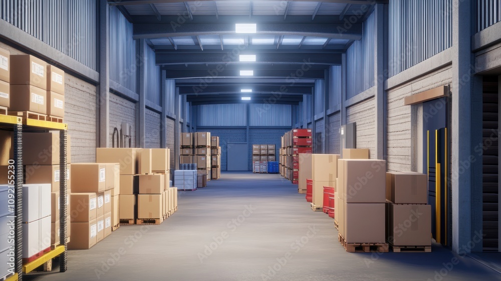 A spacious warehouse interior filled with stacked boxes and pallets. A spacious warehouse interior filled with stacked boxes and pallets.
