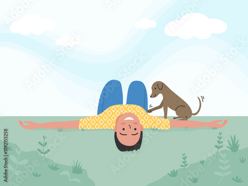 Happy young man lying down on grass with a dog and  clear sky background.