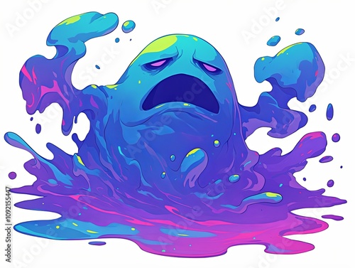 Sad, vibrant blue and purple blob creature with arms and legs, dripping and splashing. photo