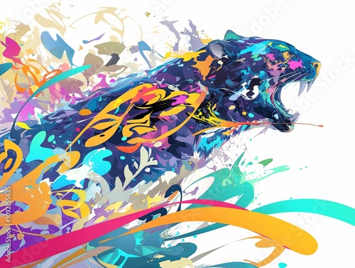 Vibrant abstract panther in colorful splashes and floral patterns. photo